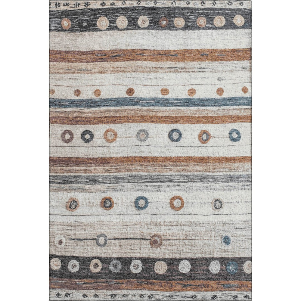 HomeRoots 9' X 12' Striped Washable Area Rug in Copper Ivory & Denim Blue - UV Protection for High-Traffic Spaces 709563