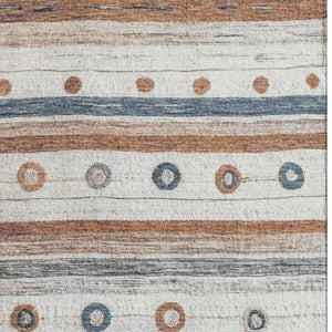 HomeRoots 9' X 12' Striped Washable Area Rug in Copper Ivory & Denim Blue - UV Protection for High-Traffic Spaces 709563