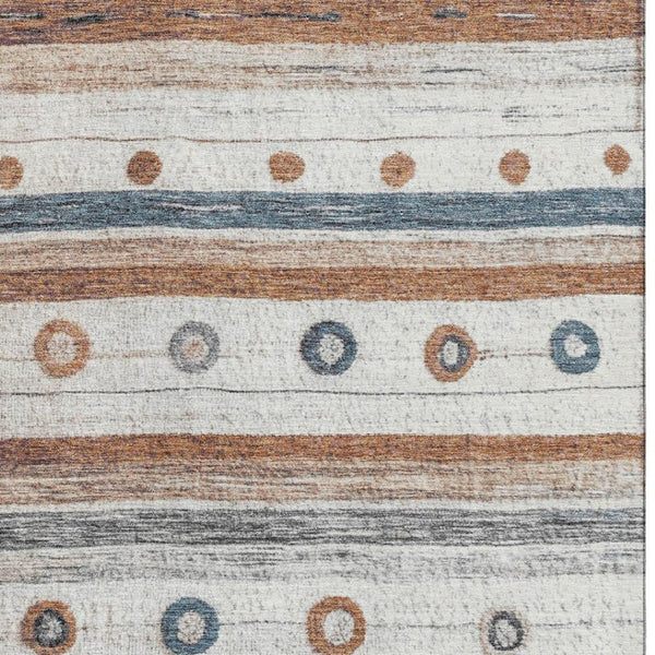 HomeRoots 9' X 12' Striped Washable Area Rug in Copper Ivory & Denim Blue - UV Protection for High-Traffic Spaces 709563