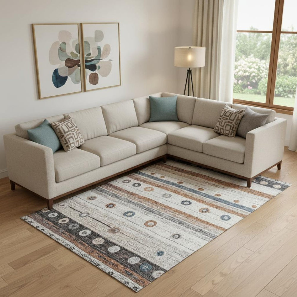 HomeRoots 10' Striped Area Rug in Copper, Ivory & Denim Blue – Washable, UV-Protected, Durable for High-Traffic Spaces 709564