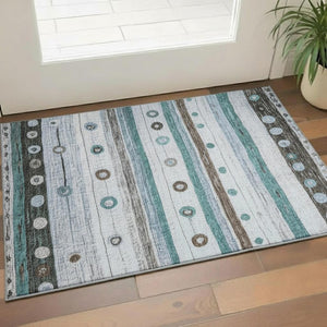 HomeRoots 5' X 8' Striped Washable Area Rug in Teal, Brown & Ivory - UV Protected, Stain Resistant, Durable Design 709566