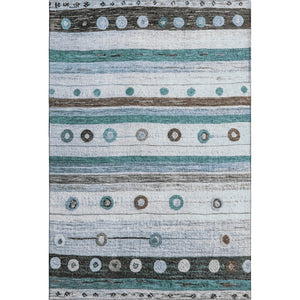 HomeRoots 5' X 8' Striped Washable Area Rug in Teal, Brown & Ivory - UV Protected, Stain Resistant, Durable Design 709566