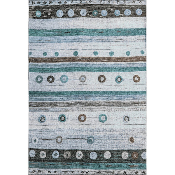 HomeRoots 5' X 8' Striped Washable Area Rug in Teal, Brown & Ivory - UV Protected, Stain Resistant, Durable Design 709566