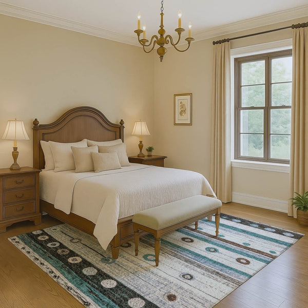 HomeRoots 5' X 8' Striped Washable Area Rug in Teal, Brown & Ivory - UV Protected, Stain Resistant, Durable Design 709566