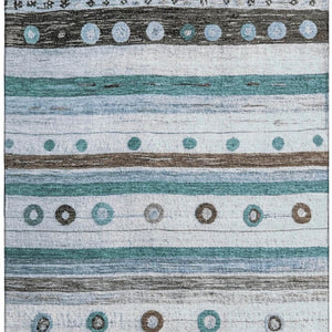HomeRoots 5' X 8' Striped Washable Area Rug in Teal, Brown & Ivory - UV Protected, Stain Resistant, Durable Design 709566