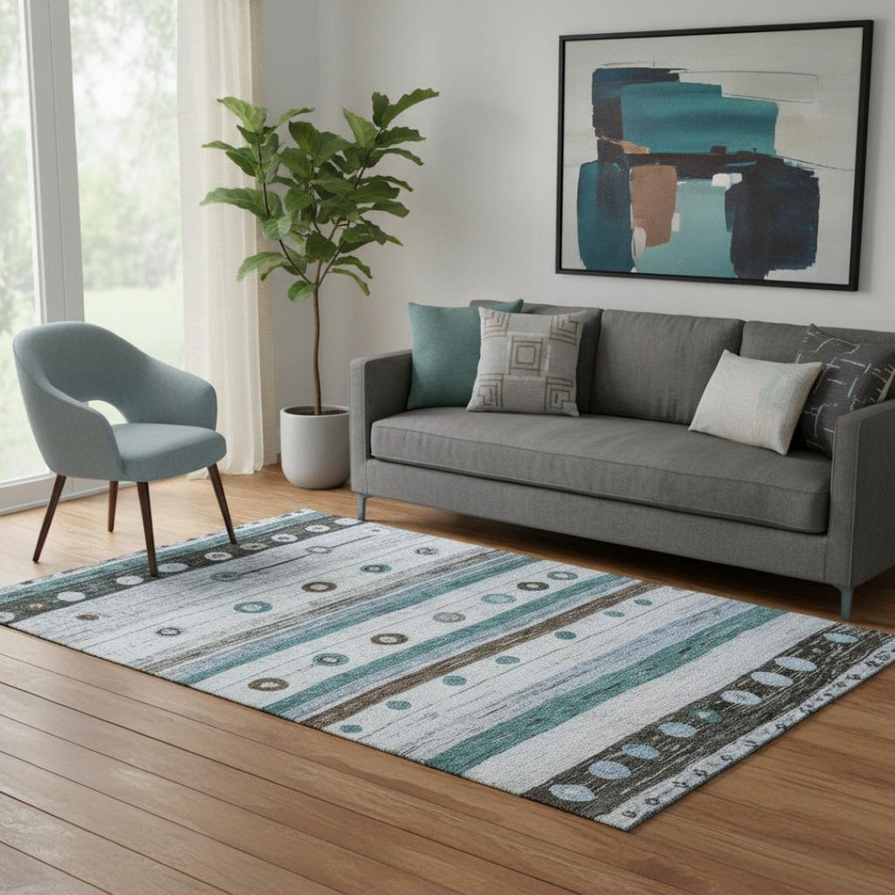 HomeRoots 8' Teal Brown and Ivory Striped Round Rug - Washable, UV Protected, Durable for Family Spaces 709567
