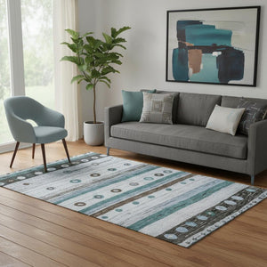 HomeRoots 8' Teal Brown and Ivory Striped Round Rug - Washable, UV Protected, Durable for Family Spaces 709567
