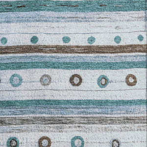 HomeRoots 8' Teal Brown and Ivory Striped Round Rug - Washable, UV Protected, Durable for Family Spaces 709567