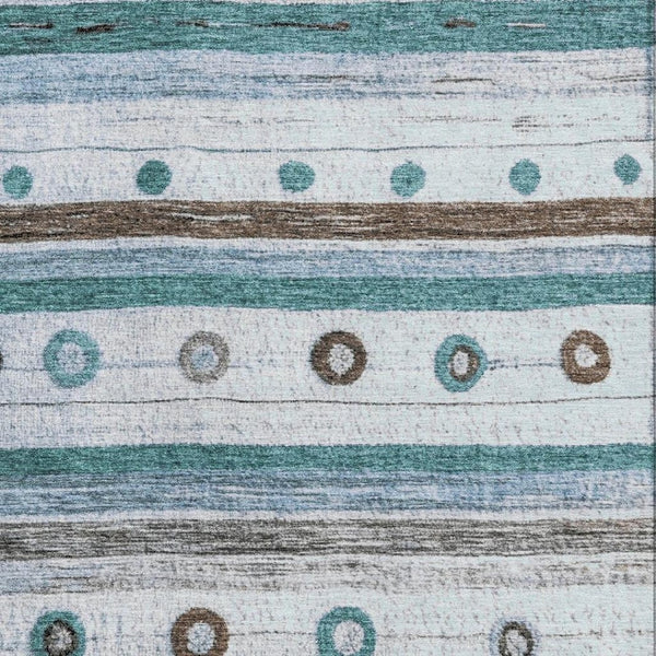HomeRoots 8' Teal Brown and Ivory Striped Round Rug - Washable, UV Protected, Durable for Family Spaces 709567