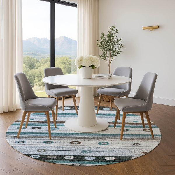 HomeRoots 8' X 10' Stylish Teal Brown Ivory Striped Washable Area Rug - UV Protected, Durable & Easy Care 709568