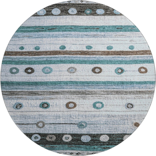 HomeRoots 8' X 10' Stylish Teal Brown Ivory Striped Washable Area Rug - UV Protected, Durable & Easy Care 709568