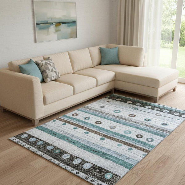 HomeRoots 9' X 12' Stylish Teal Brown & Ivory Striped Washable Area Rug with UV Protection & Non-Slip Backing 709569