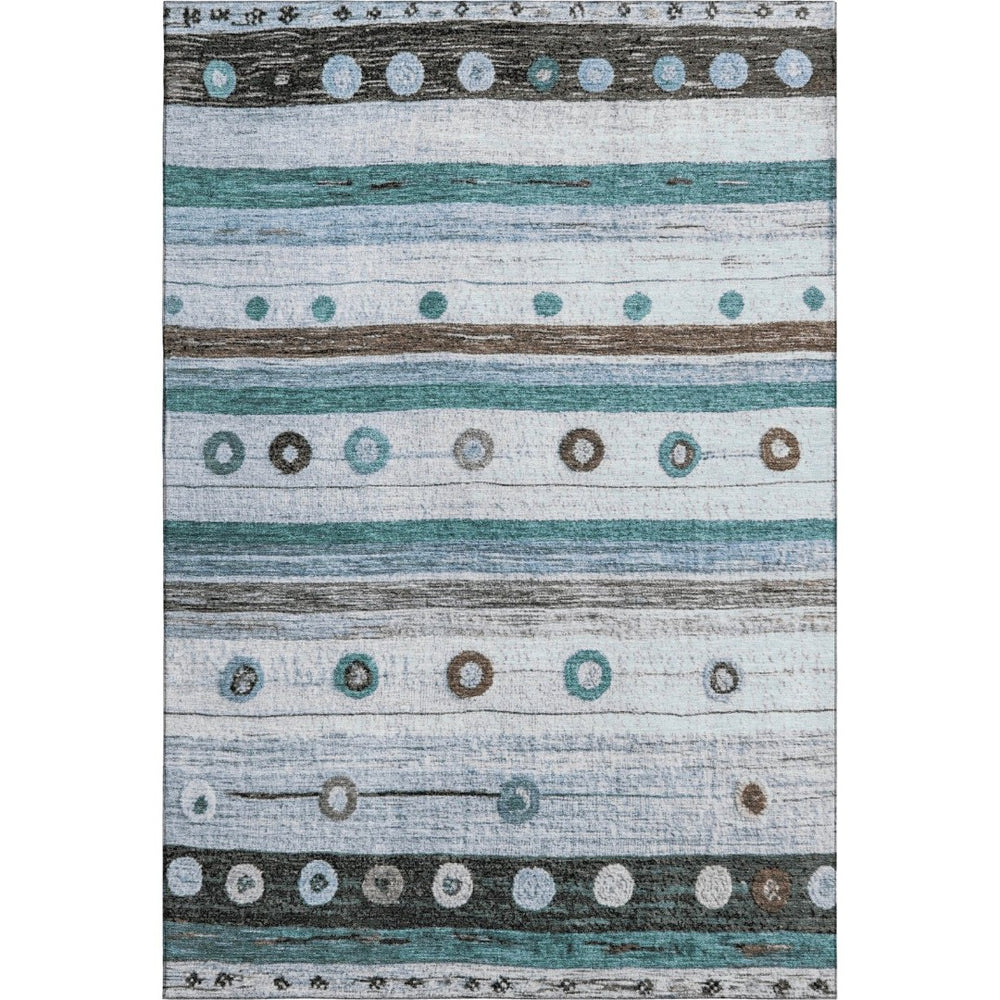 HomeRoots 9' X 12' Stylish Teal Brown & Ivory Striped Washable Area Rug with UV Protection & Non-Slip Backing 709569