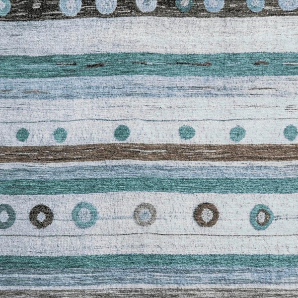 HomeRoots 9' X 12' Stylish Teal Brown & Ivory Striped Washable Area Rug with UV Protection & Non-Slip Backing 709569