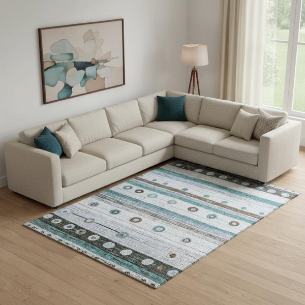 HomeRoots 10' X 14' Striped Teal, Brown & Ivory Area Rug - Washable, UV Protected, Durable & Stylish Decor! 709570
