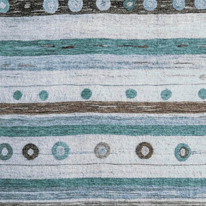HomeRoots 10' X 14' Striped Teal, Brown & Ivory Area Rug - Washable, UV Protected, Durable & Stylish Decor! 709570