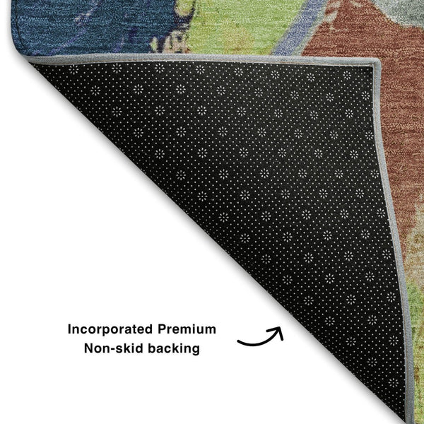 HomeRoots 5' X 8' Abstract Washable Area Rug in Artichoke Green, Blue & Ivory with UV Protection for Kids & Pets 709572