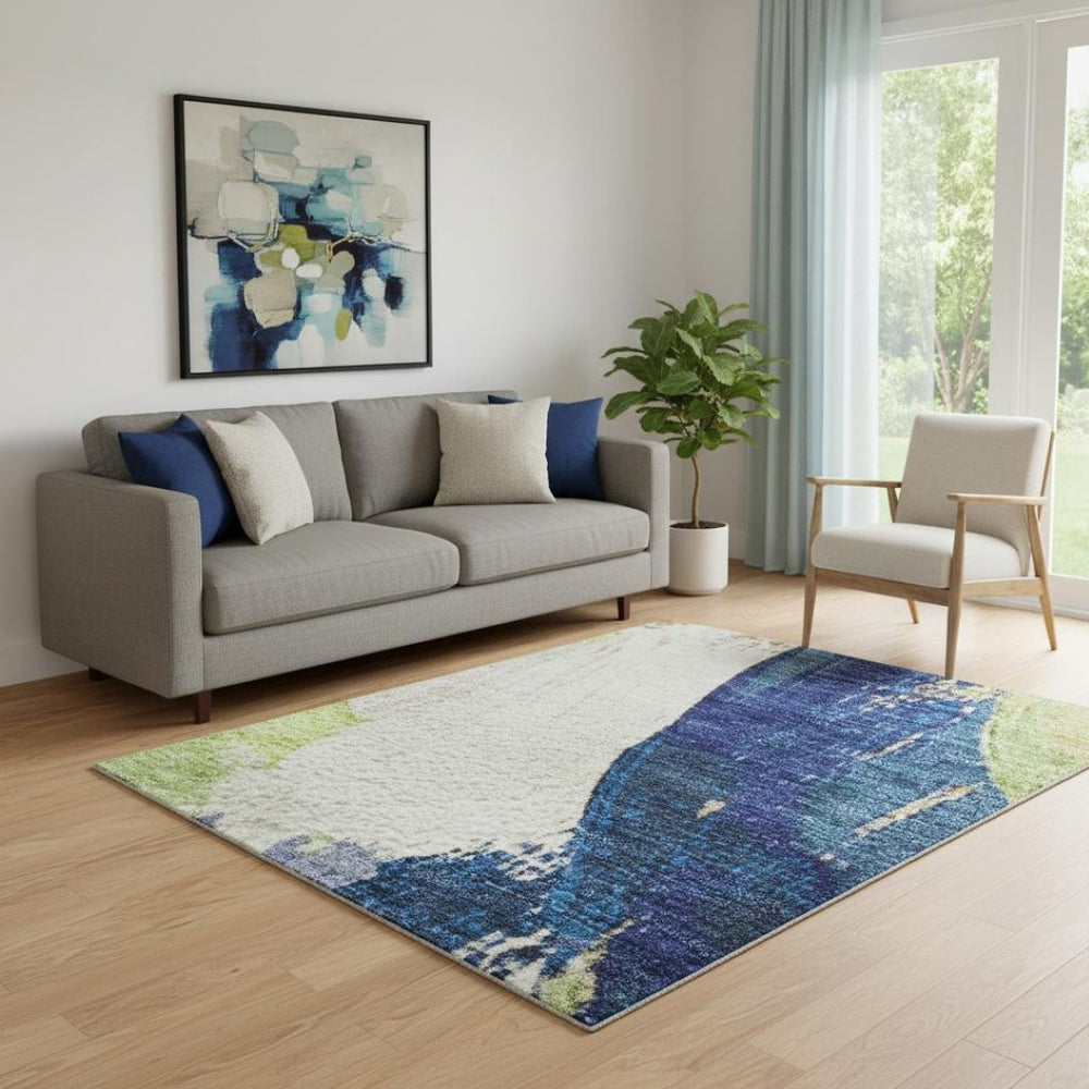 HomeRoots 8' Vibrant Artichoke Green Blue Ivory Abstract Round Rug - Washable, UV Protected, Non-Slip Design 709573