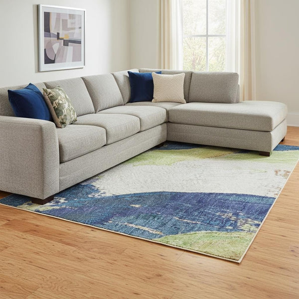 HomeRoots 9' X 12' Artichoke Green Blue Ivory Abstract Rug – Durable, Washable, UV-Protected for Homes & Patios 709575
