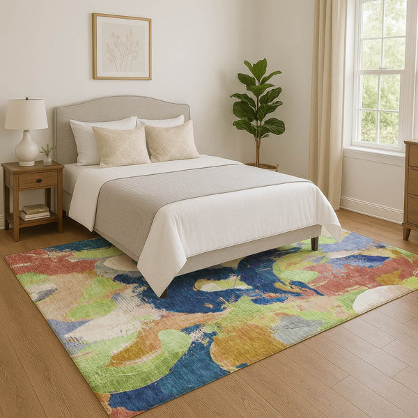 HomeRoots 10' X 14' Abstract Area Rug in Artichoke Green, Blue & Ivory - Washable, UV Protected & Stylish 709576