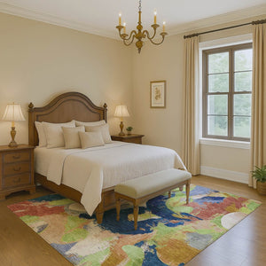 HomeRoots 10' X 14' Abstract Area Rug in Artichoke Green, Blue & Ivory - Washable, UV Protected & Stylish 709576