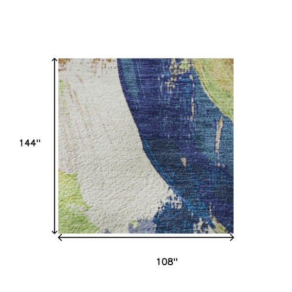 HomeRoots 10' X 14' Abstract Area Rug in Artichoke Green, Blue & Ivory - Washable, UV Protected & Stylish 709576