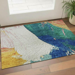 HomeRoots 5' X 8' Washable Abstract Area Rug in Blush Blue & Emerald – Durable, Stain-Resistant & UV Protected! 709578