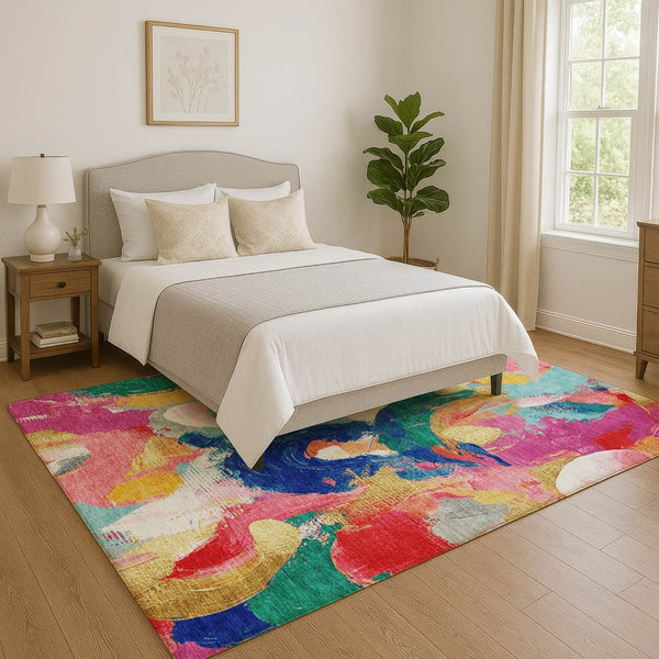 HomeRoots 5' X 8' Washable Abstract Area Rug in Blush Blue & Emerald – Durable, Stain-Resistant & UV Protected! 709578
