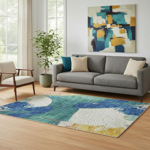 HomeRoots 8' Blush Blue and Emerald Abstract Round Rug - Washable, UV Protected & Ideal for Modern Spaces 709579