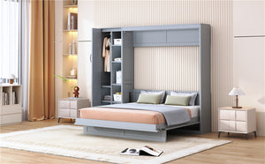 English Elm Queen Murphy Wall Bed with Led Lighting Open Shelves and Wardrobe Cabinet Storage LP000899AAE