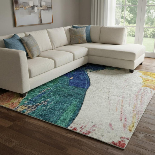 HomeRoots 9' X 12' Blush Blue & Emerald Abstract Washable Area Rug - Durable, Stylish, Non-Slip & UV Protected 709581
