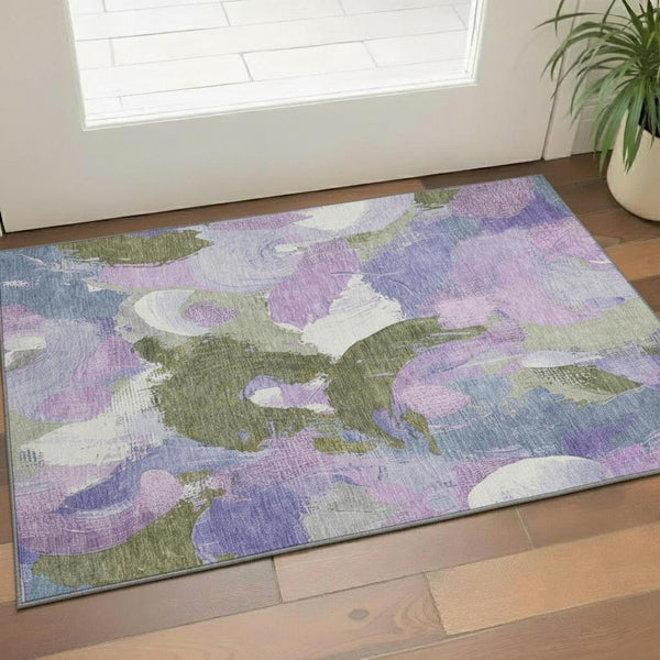 HomeRoots 5' X 8' Stylish Abstract Area Rug in Lavender, Olive Green & Ivory – Washable, UV Protected, Durable 709584
