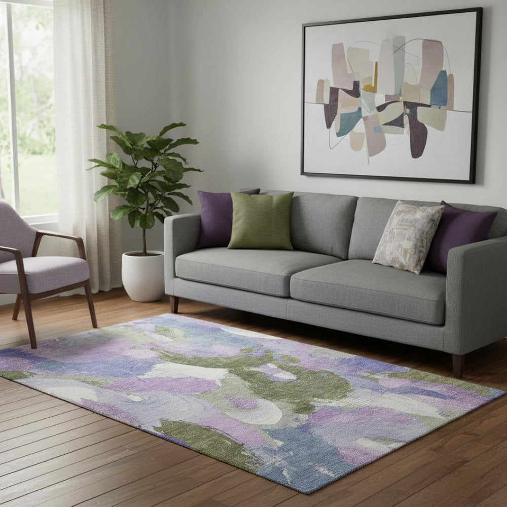 HomeRoots 8' Stylish Abstract Round Rug in Lavender, Olive Green & Ivory - Washable, UV Protected & Durable 709585