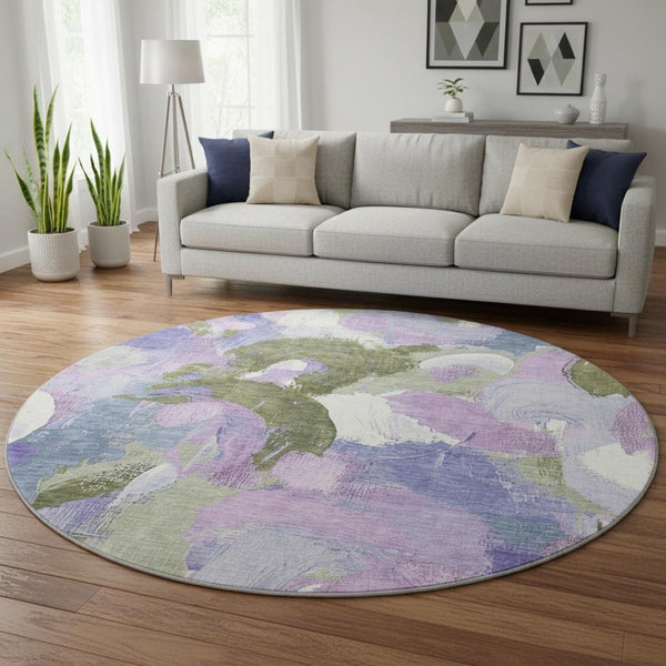 HomeRoots 8' X 10' Modern Abstract Washable Area Rug in Lavender, Olive Green & Ivory - Stain Resistant & UV Safe 709586