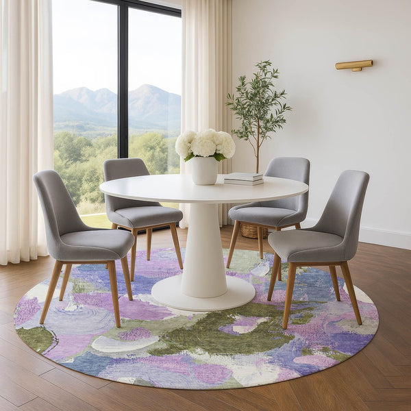 HomeRoots 8' X 10' Modern Abstract Washable Area Rug in Lavender, Olive Green & Ivory - Stain Resistant & UV Safe 709586