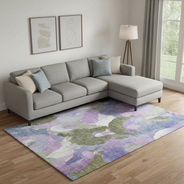HomeRoots 10' X 14' Modern Abstract Area Rug in Lavender, Olive Green & Ivory - Washable, UV-Protected & Stylish 709588