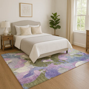 HomeRoots 10' X 14' Modern Abstract Area Rug in Lavender, Olive Green & Ivory - Washable, UV-Protected & Stylish 709588