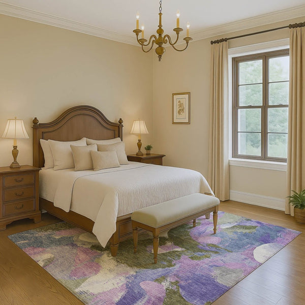 HomeRoots 10' X 14' Modern Abstract Area Rug in Lavender, Olive Green & Ivory - Washable, UV-Protected & Stylish 709588