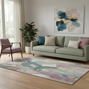 HomeRoots 8' Mauve Beige Blush Abstract Round Rug - Washable, UV Protected, Durable, Stain Resistant Design 709591