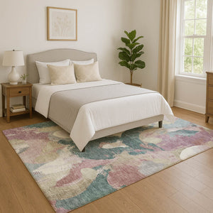 HomeRoots 8' Mauve Beige Blush Abstract Round Rug - Washable, UV Protected, Durable, Stain Resistant Design 709591