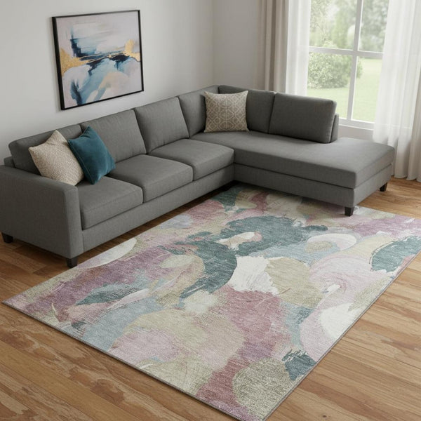 HomeRoots 9' X 12' Contemporary Mauve Beige Blush Abstract Area Rug - Washable, Stain Resistant & UV Protected 709593
