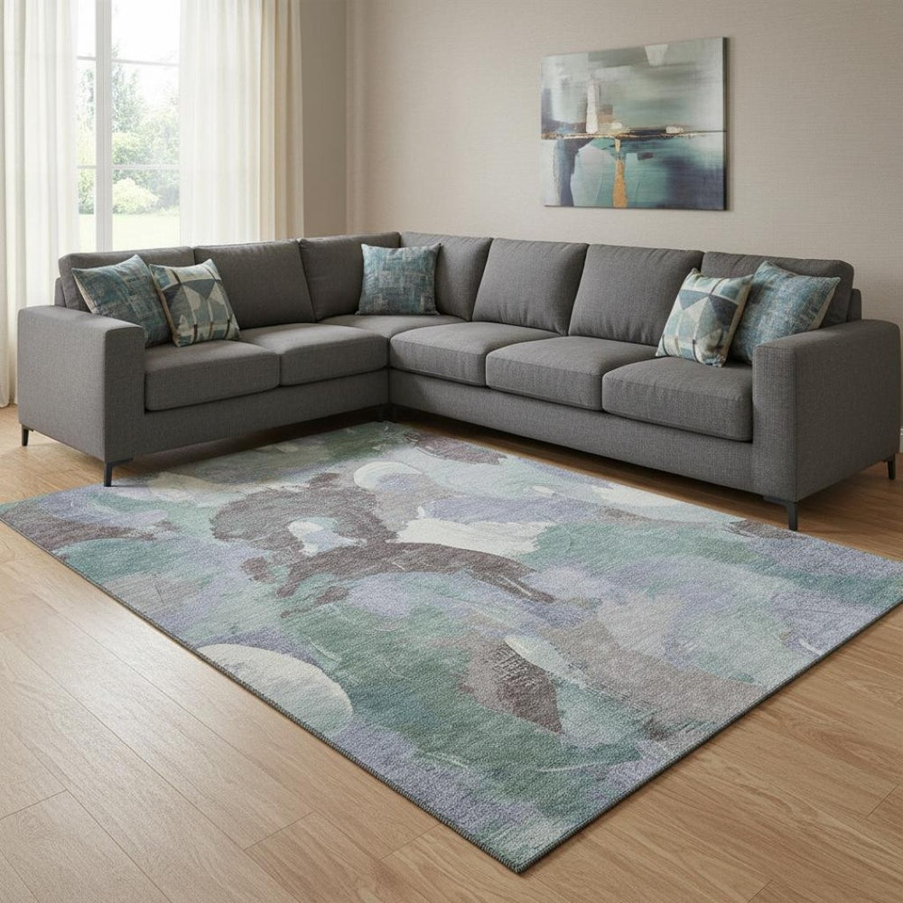 HomeRoots 9' X 12' Pale Aqua Abstract Area Rug - Washable, UV Protected, Stylish & Durable for High-Traffic Homes 709599