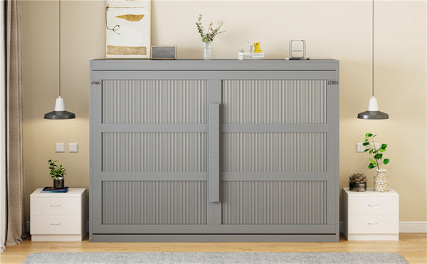 English Elm Queen Murphy Wall Bed with Led Lighting Modern Cabinet Folds Flat for Studio Living Gray LP100973AAE