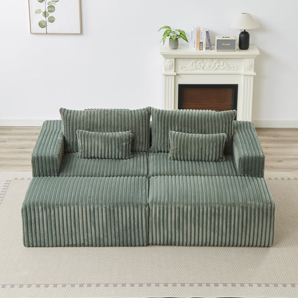 English Elm 87" Oversized Sectional Lounge Chaise - Plush Corduroy Modular Loveseat With Footstools & Pillow W834S00334