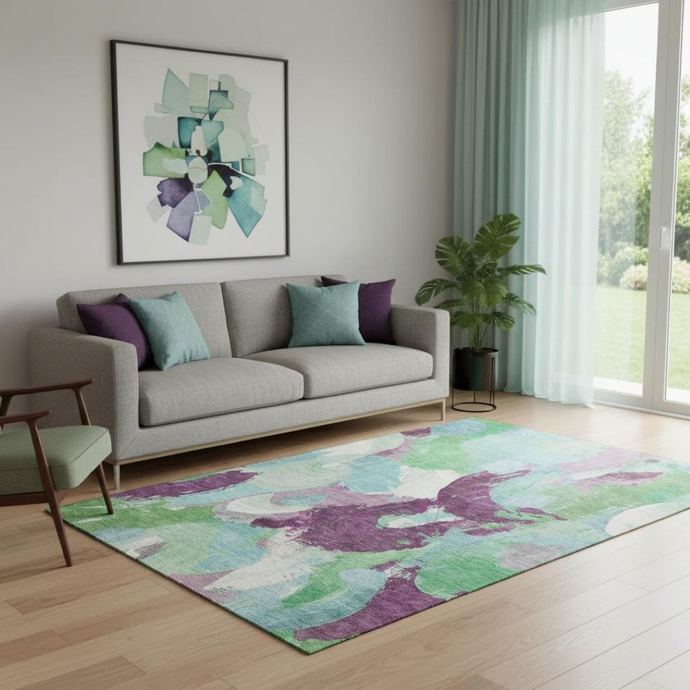 HomeRoots 8' Teal Purple Green Abstract Round Rug – Washable, UV Protected, Stain-Resistant for All Spaces 709603