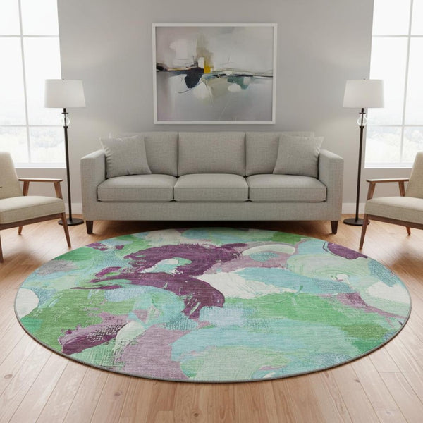 HomeRoots 8' X 10' Vibrant Teal, Purple & Green Abstract Washable Area Rug with Stain Resistance & UV Defense 709604