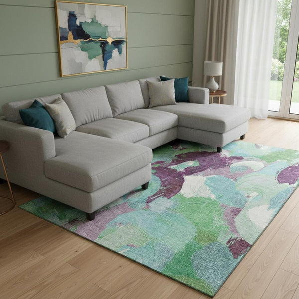 HomeRoots 9' X 12' Large Washable Abstract Area Rug in Teal, Purple & Green – Stain Resistant & UV Protected! 709605