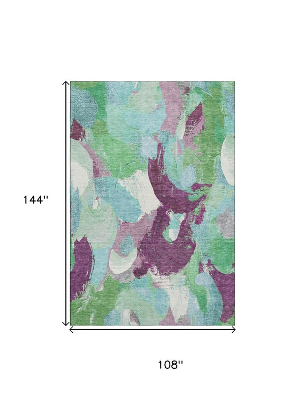 HomeRoots 10' X 14' Teal Purple Green Abstract Area Rug - Washable, Stain Resistant, UV Protected for Durability 709606