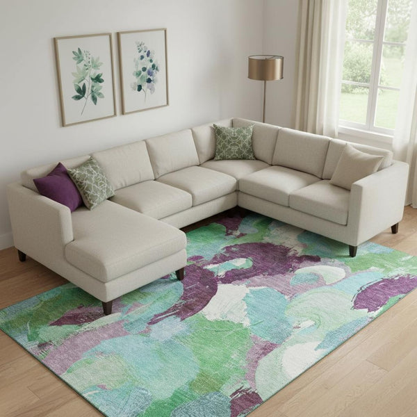 HomeRoots 10' X 14' Teal Purple Green Abstract Area Rug - Washable, Stain Resistant, UV Protected for Durability 709606