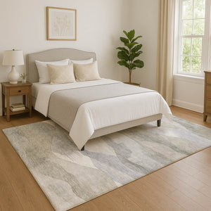 HomeRoots 8' Round Washable Abstract Rug in Beige, Gray & Ivory - UV Protected, Stain Resistant, Non-Slip Design 709609
